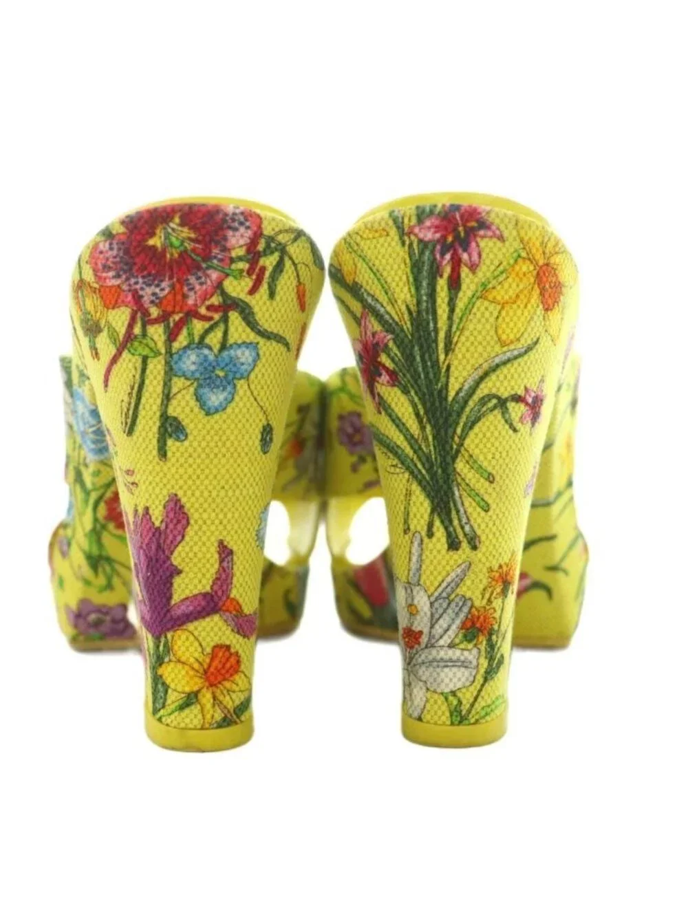 Gucci Sandals Canvas Chunky Heels Floral 36 Yellow BB - Picture 3 of 7